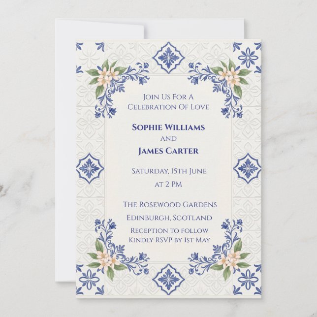 Convite Azulejo de Casamento Folk Azul (Frente)