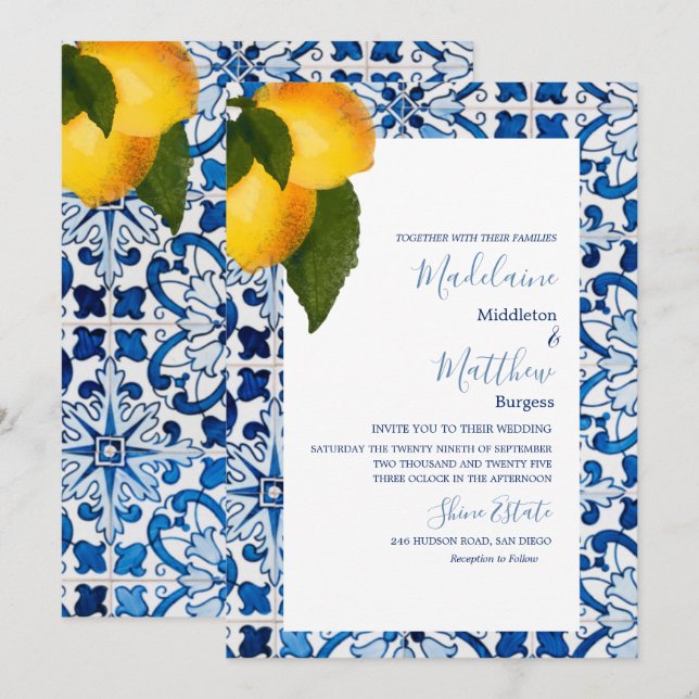 Convite Azulejo de Limão Azul Casamento Chic Stylish (Frente/Verso)