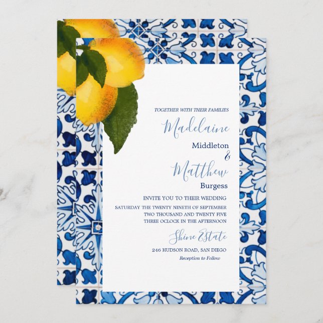 Convite Azulejo de Limão Azul Chic Casamento Elegante (Frente/Verso)