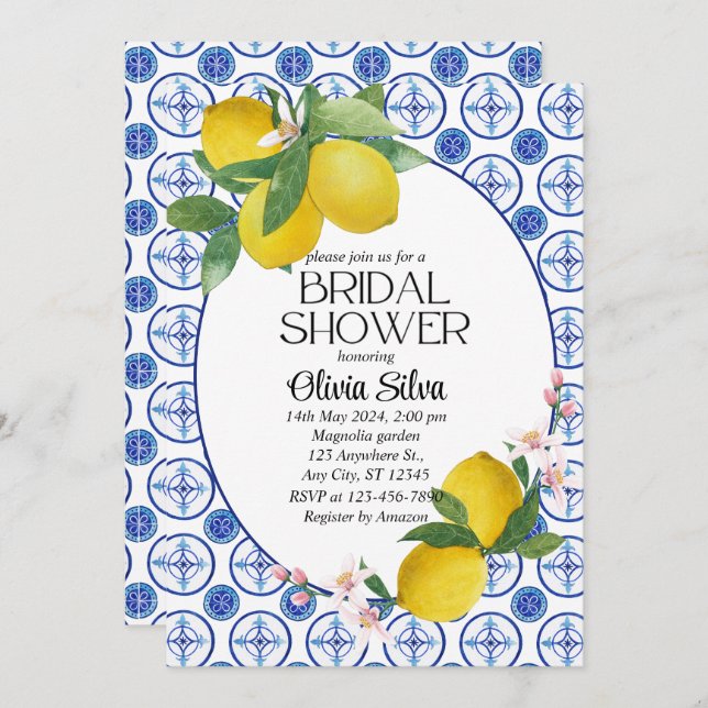Convite Azulejo de limão italiano do Mediterrâneo Bridalsh (Frente/Verso)