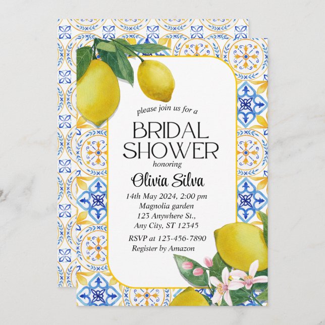 Convite Azulejo de limão italiano do Mediterrâneo Bridalsh (Frente/Verso)