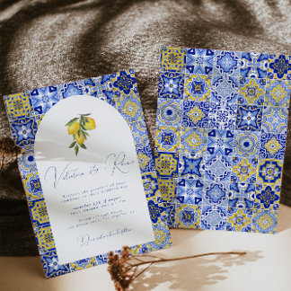 Convite Azulejo do Mediterrâneo azul e casamento de citros