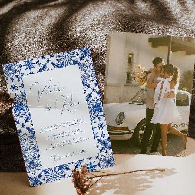 Convite Azulejo do Mediterrâneo azul e casamento de citros (Criador carregado)