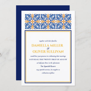 Convite Azulejo espanhol   Casamento Blue Yellow Mediterrâ