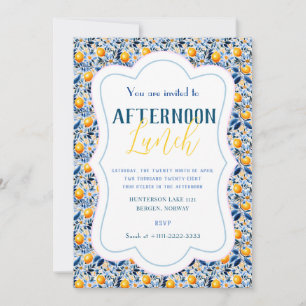 Convite Azulejo Floral E Limão Azul Clássico Detalhado