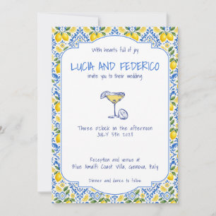 Convite Azulejo Italiano Azul Mediterrâneo Limões Casament
