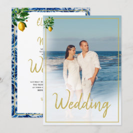 Convite Azulejo Lemon Tuscan Casamento de Foto Branco Azul