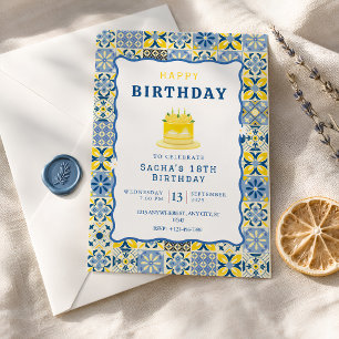 Convite Azulejo Mediterrâneo Aniversário Azul Amarelo