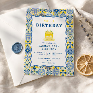 Convite Azulejo Mediterrâneo Aniversário Azul Amarelo