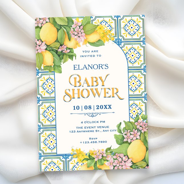 Convite Azulejo mediterrâneo limão floral chá de bebê (Criador carregado)