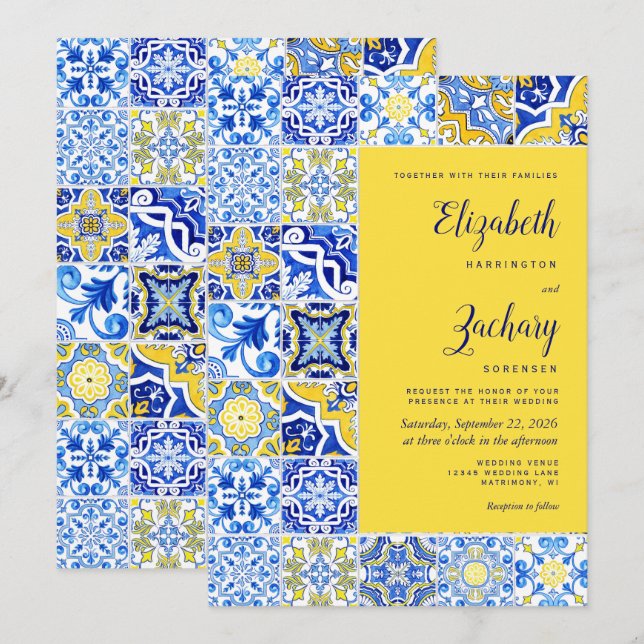 Convite Azulejo Português Rústico Casamento Azul Amarelo (Frente/Verso)