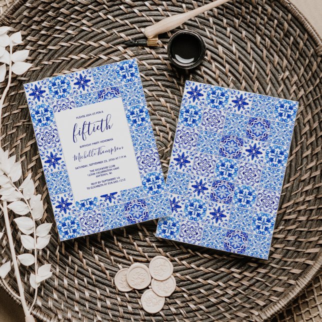 Convite Azulejo Russo Português Azul Branco 50º Aniversári (Criador carregado)