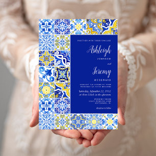 Convite Azulejo Rústico Casamento Azul Amarelo Branco