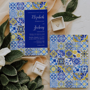 Convite Azulejo Rústico Casamento Azul Amarelo Branco