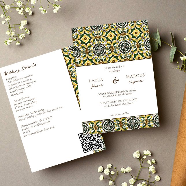 Convite Azulejo verde-amarelo-mediterrânico, tudo em um ca (Green yellow Portuguese Mediterranean ornate folk tile all in one wedding Invitation template)