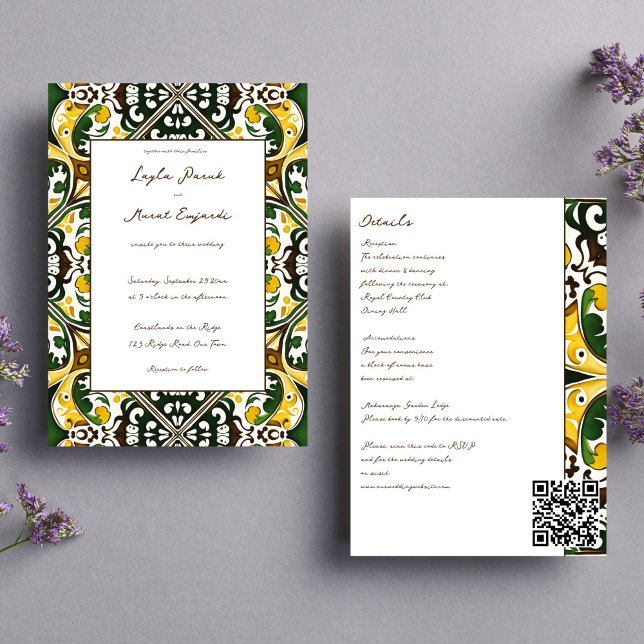 Convite Azulejo verde-amarelo-mediterrânico, tudo em um ca (Green yellow Portuguese  Mediterranean folk ornament tile boho all in one wedding Invite template)