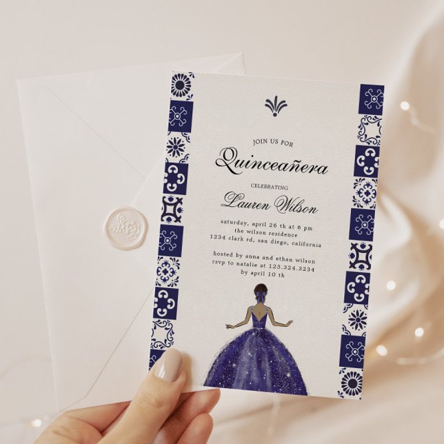 Convite Azulejos Artísticos de Vestido Azul Quinceañera Co (Criador carregado)