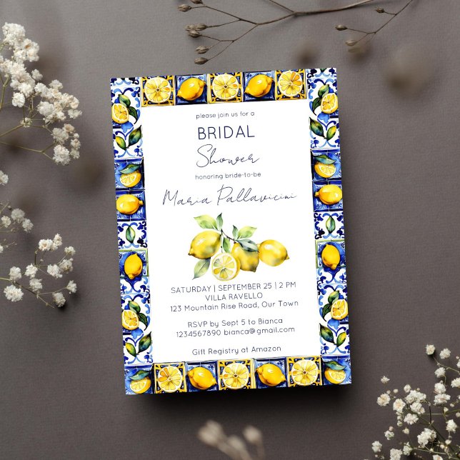Convite Azulejos azuis Amalfi Positano chá de panela limõe (Amalfi Positano blue tiles lemons Mediterranean bridal shower template invitation digital download)