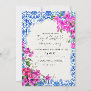 Convite Azulejos Azuis Bougainvillea Casamento Elegante
