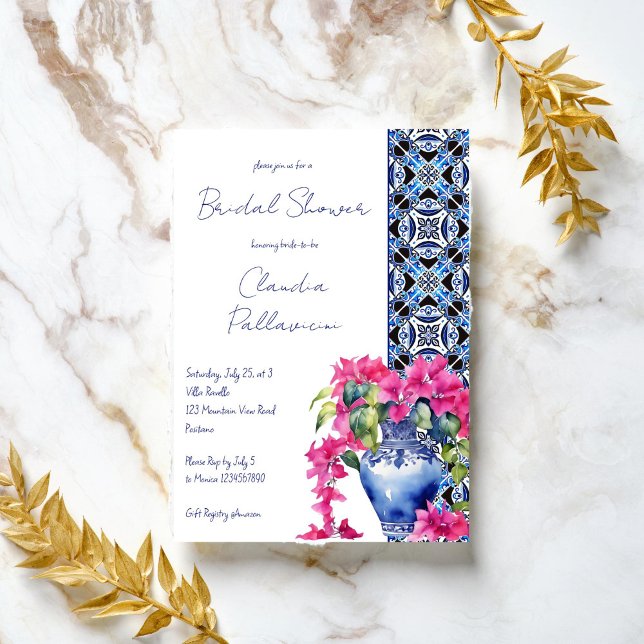 Convite Azulejos azuis Bougainvillea chá de panela (Blue French Mediterranean Tiles Bougainvillea ceramic vase bridal shower Invitation template digital)