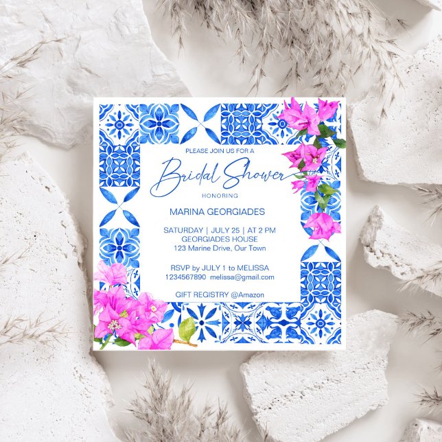Convite Azulejos azuis Bougainvillea chá de panela elegant (Blue Tiles Bougainvillea Mediterranean Italian themed elegant bridal shower Invitation template)