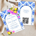 Convite Azulejos azuis Bougainvillea limões elegantes casa<br><div class="desc">Azulejos azuis e limões Bougainvillea elegantes gregos mediterrânicos Santorini Mykonos,  o convite de casamento instantâneo,  tudo em um - com o código qr rsvp atrás,  basta adicionar seu endereço url e Zazzle irá gerar código para você.</div>