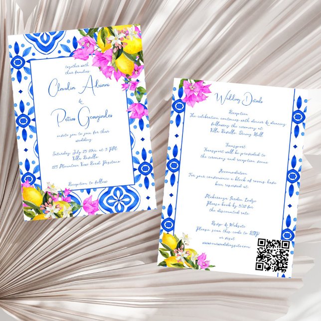 Convite Azulejos azuis Bougainvillea limões elegantes casa (Blue Tiles Bougainvillea lemons Mediterranean elegant wedding all in one Invitation template)