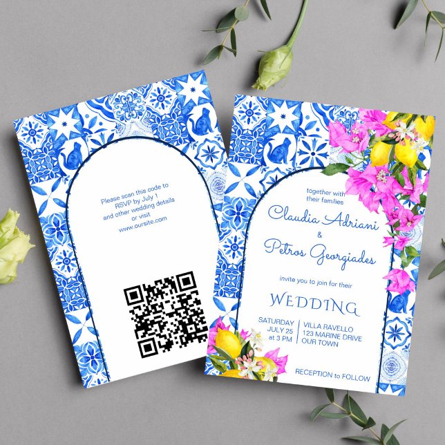 Convite Azulejos azuis Bougainvillea limões elegantes casa (Blue tiles bougainvillea lemons Greek Mediterranean themed wedding invitation template instant)