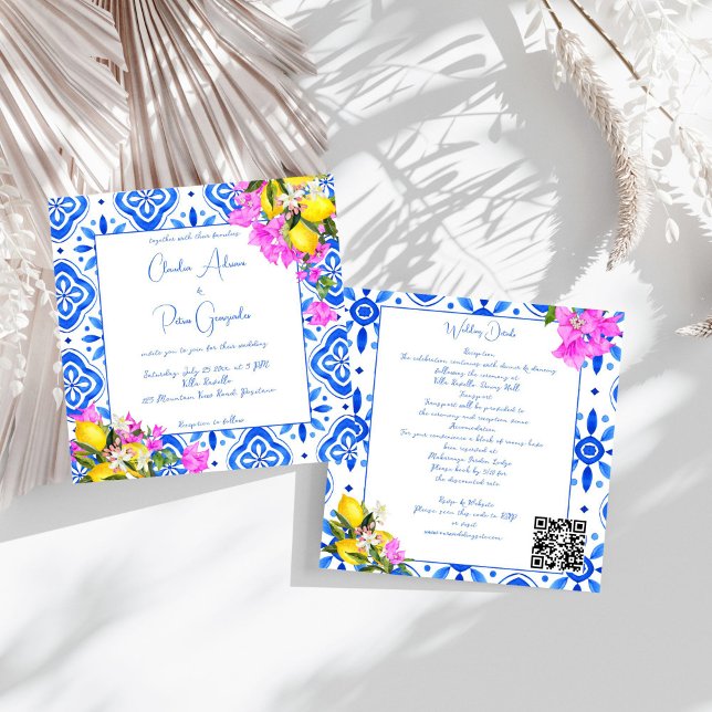 Convite Azulejos azuis Bougainvillea limões elegantes casa (Blue Tiles Bougainvillea lemons elegant wedding all in one Invitation template  instant download)
