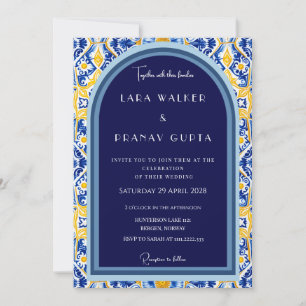 Convite Azulejos Azuis e Amarelos Ousados e Elegantes