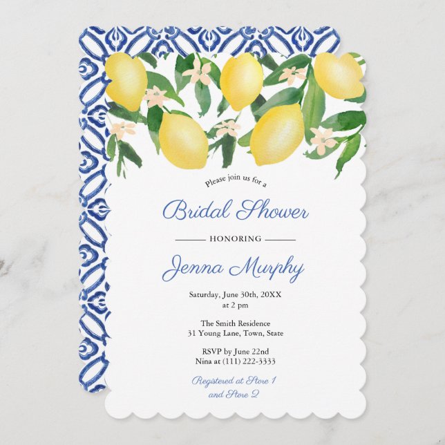 Convite Azulejos Azuis E Brancos Capri Lemons Chá de panel (Frente/Verso)