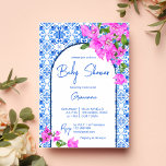 Convite Azulejos azuis e Chá de fraldas elegante Bougainvi<br><div class="desc">Azulejos azuis e Bougainvillea elegante grego mediterrânico Santorini Mykonos convite para chá de fraldas instantâneo modelo.</div>