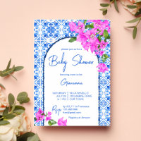 Azulejos azuis e Chá de fraldas elegante Bougainvi