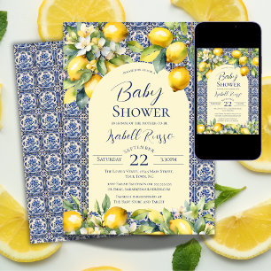 Convite Azulejos Azuis Italianos Aguarela Chuveiro de Bebê