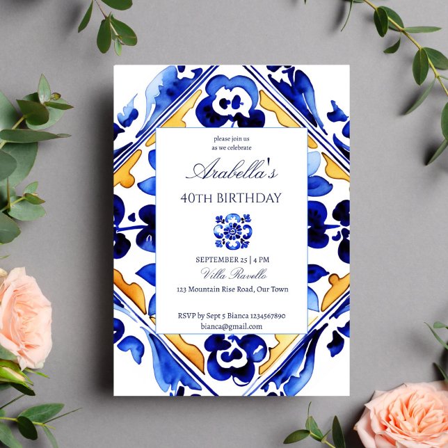 Convite Azulejos azuis italianos Amalfi (Amalfi Vietri Italian blue tiles birthday party editable template Invitation digital download )