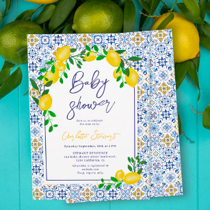 Convite Azulejos azuis italianos chá de fraldas de limão