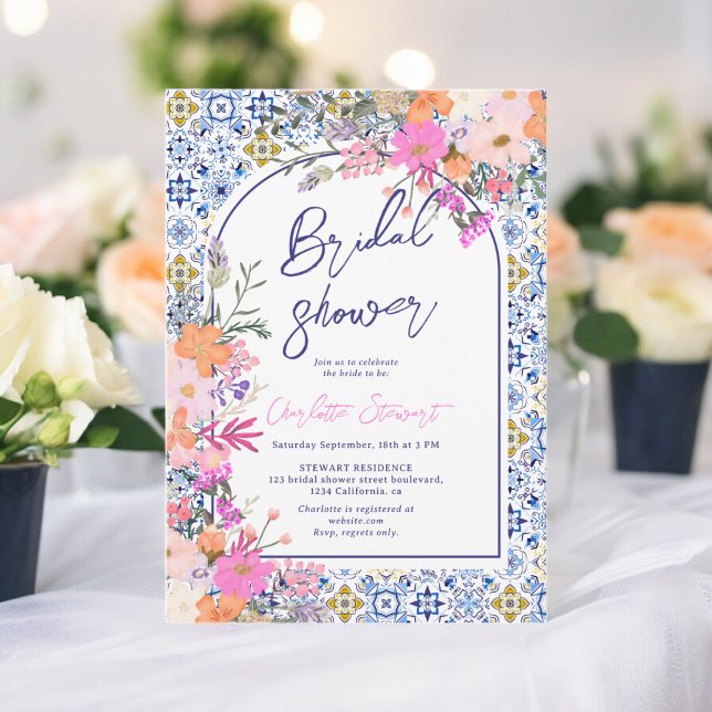 Convite Azulejos azuis italianos chá de panela aquoso (Italian blue tiles watercolor floral bridal shower invitation)