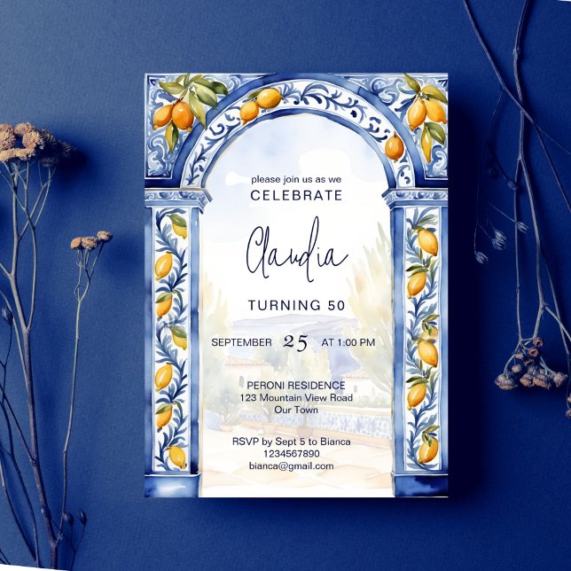 Convite Azulejos azuis italianos, festa de aniversário de  (Italian Blue tiles arch lemons birthday party editable template Invitation digital download)