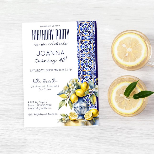 Convite Azulejos azuis italianos limões festa de aniversár (Italian themed blue tiles and lemons birthday party editable template invitation instant download)