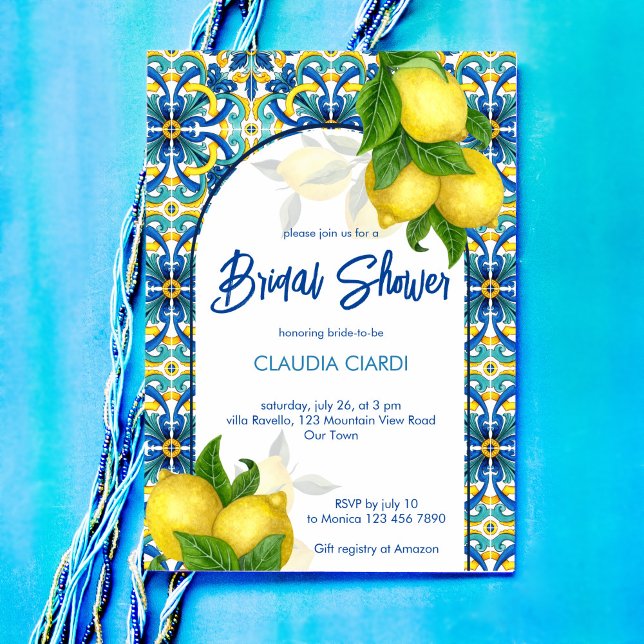 Convite Azulejos azuis limão Amalfi Positano chá de panela (Blue tiles lemon Amalfi Positano bridal shower Invitation editable template digital download)