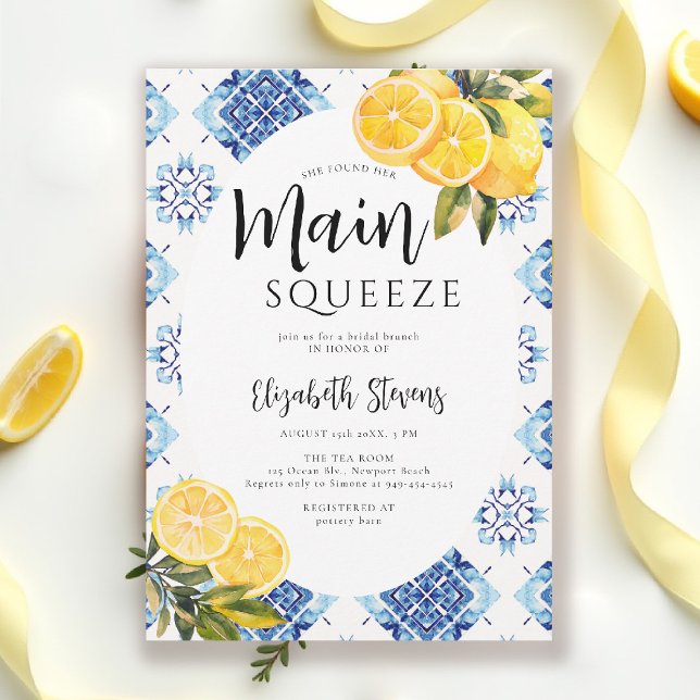 Convite Azulejos Azuis limão-preto Chá de panela brilhante (main squeeze bridal shower lemon theme mediterranean italian summer blue tile invitation)