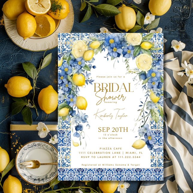 Convite Azulejos Azul-Limão Italiano Chá de panela Itália (Italian Lemon Blue Tiles Italy Bridal Shower Invitation)