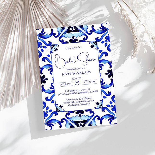 Convite Azulejos azulejo Talavera chá de panela mexicana (Talavera azulejo blue tiles Mediterranean vintage Mexican bridal shower Invitation template download)