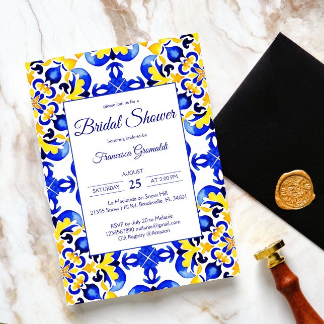 Convite Azulejos azulejo Talavera chá de panela mexicana (Talavera azulejo blue yellow tiles vintage Mexican bridal shower Invitation editable template )