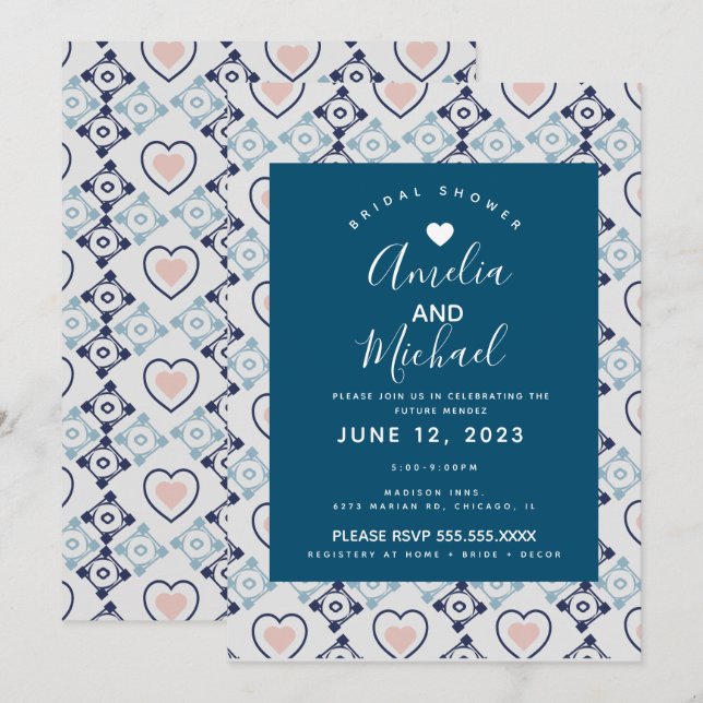 Convite Azulejos de Amor Romântico Nupcial Mediterrâneo Mo (Frente/Verso)