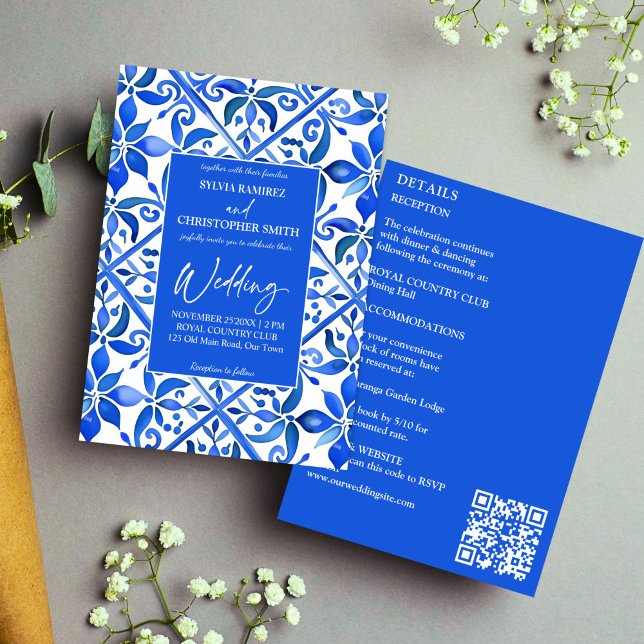 Convite Azulejos Espanhóis de Talavera Azul, todos em um c (Blue Azulejo Talavera vintage Spanish tiles all in one wedding Invitation template instant download)