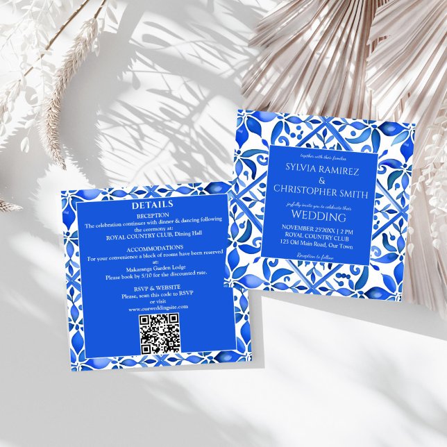 Convite Azulejos Espanhóis de Talavera Azul, todos em um c (Blue vintage Talavera Azulejo Spanish Mexican  tiles all in one wedding Invitation template)