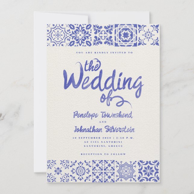 Convite Azulejos Gregos Casamento Azul Branco Roteiro Aqua (Frente)