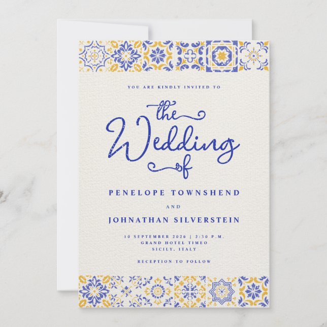 Convite Azulejos Italianos de Casamento Azul Branco (Frente)