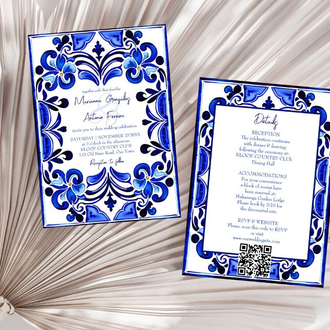 Convite Azulejos mediterrânicos azuis todos em um casament (Blue Mediterranean French tiles all in one wedding Invitation template digital download qr RSVP)